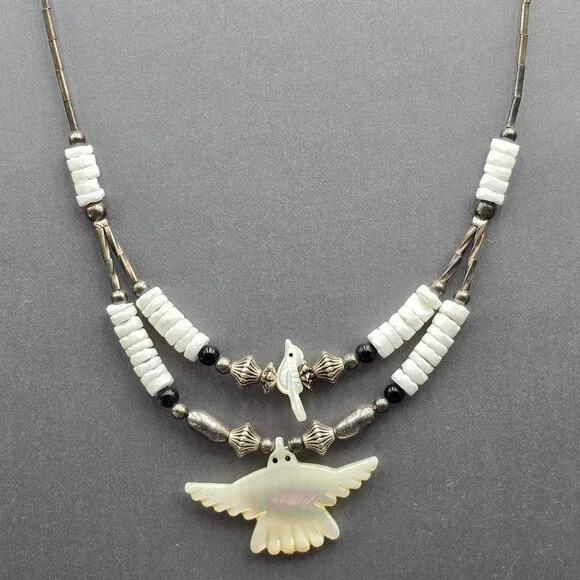 Vintage Southwestern Bird Fetish Necklace 18" Hand Carved MOP Heishi Beads - Picture 1 of 11